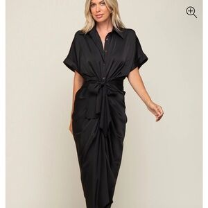 Black Satin Button Down Gathered Midi Dress